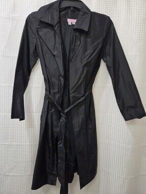 FORNASH Black Vintage 100% Silk Wrap Mid Length Trench Coat Size M